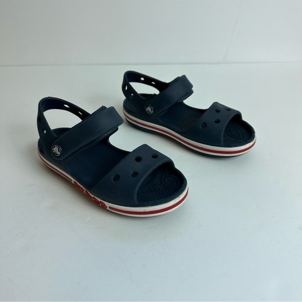 Crocs Crocband Sandals Kid's Size 11 Navy Blue Red Water Shoes Hook & Loop
